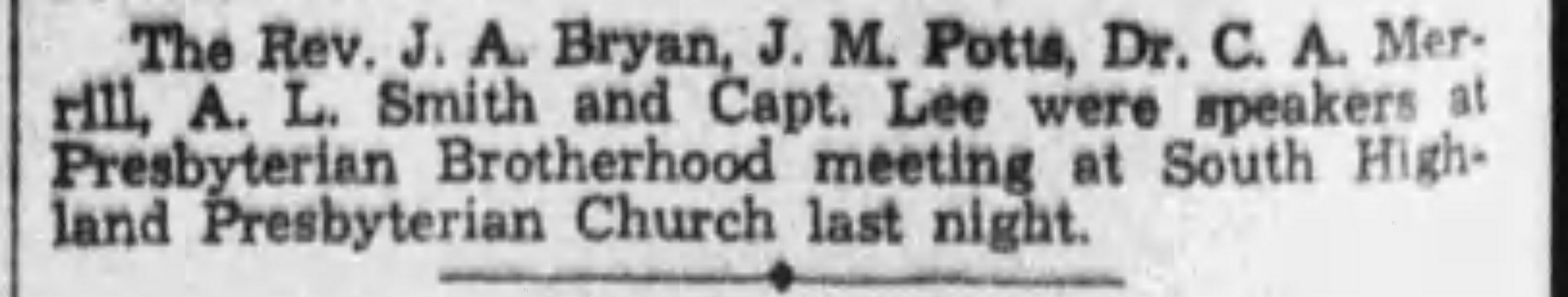 Speaker at Presbyterian Brotherhood at Southhighland Pres